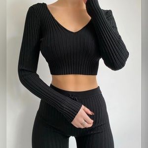 Crop Top 2 Piece Pant Sets - Black Ribbed
